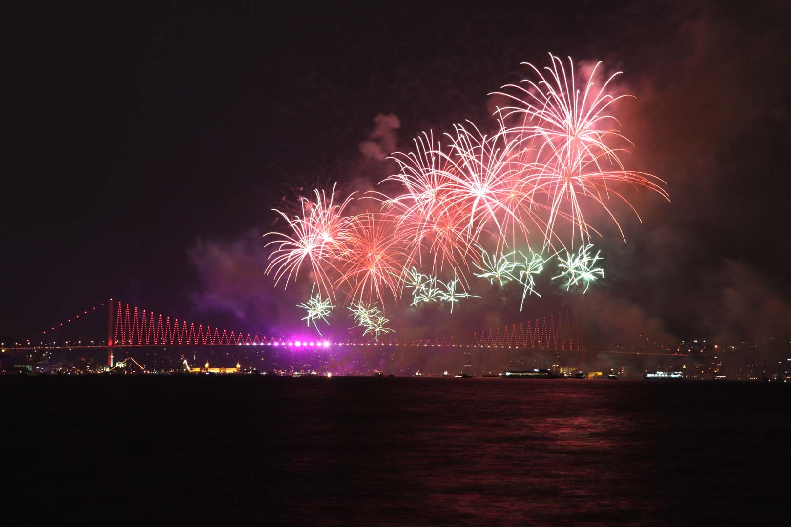 Fireworks over Bosphorus Strait, Istanbul, Turkey