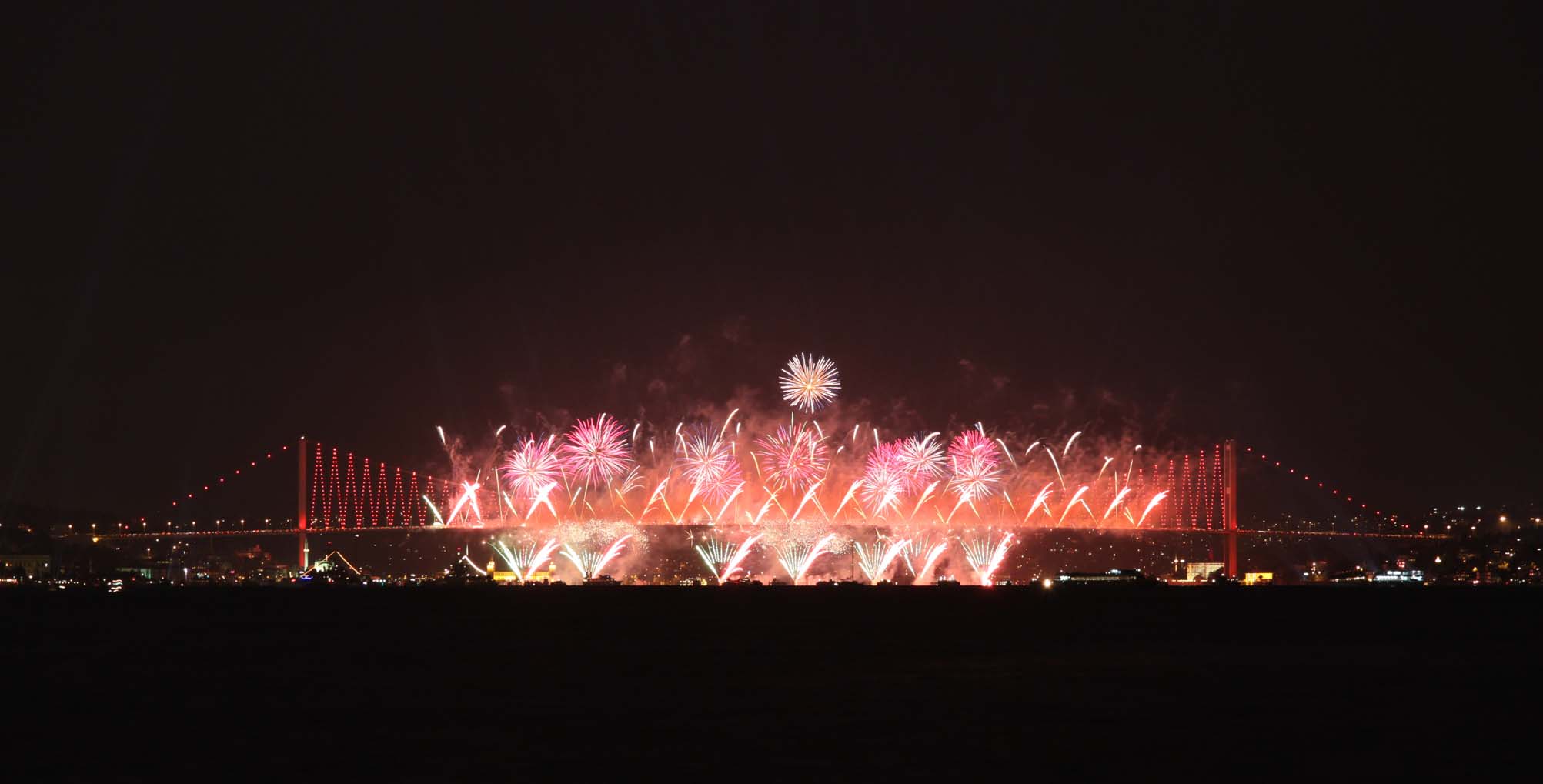Fireworks from Bosphorus Bridge, Istanbul, Turkey new year's holidays 